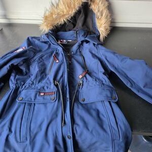 Women's Blue Ski Jacket with Faux Fur Hood